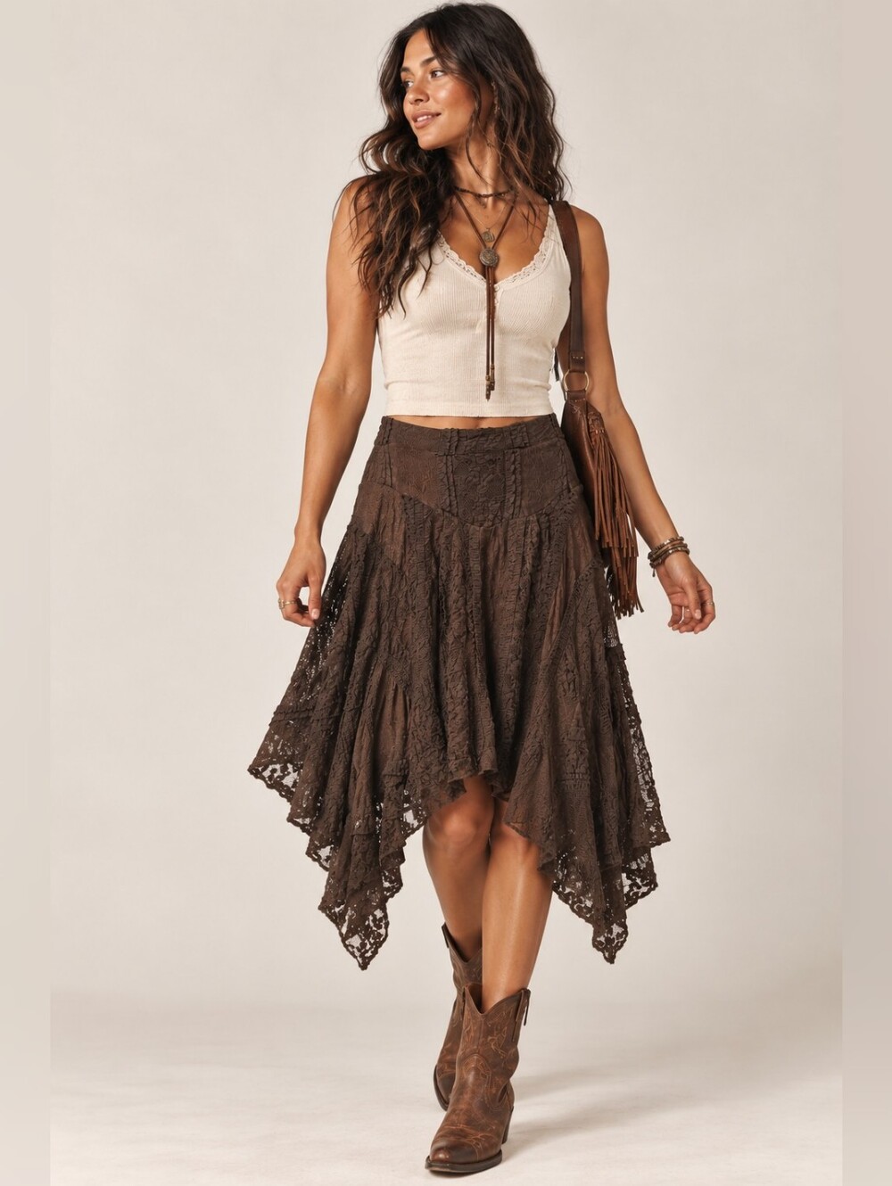Chocolate Brown Asymmetrical Lace Midi Skirt,  Romantic Boho Western Festival L